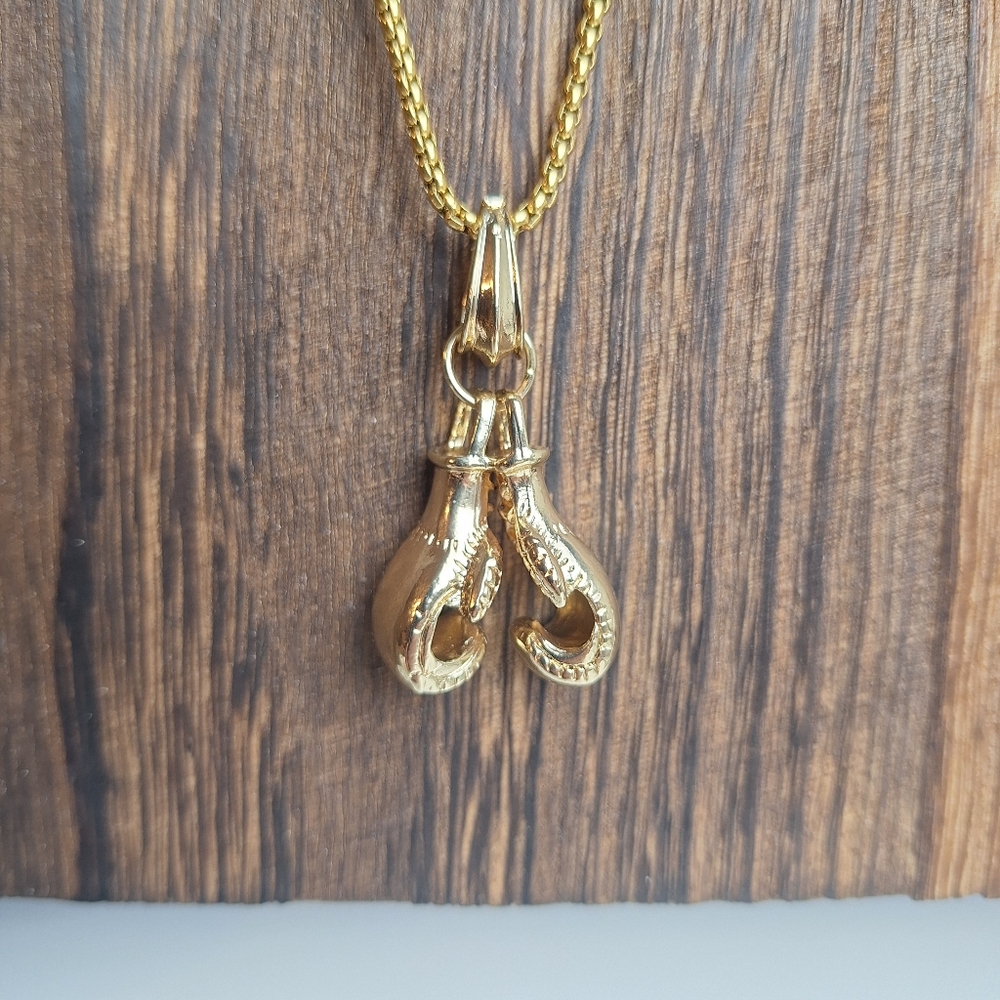 Double Boxing Glove Pendant Necklace Goldtone Snake Chain 21" Mens Womens